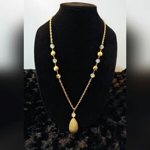 Vintage 70s Long Goldtone Crystal Chain Necklace Teardrop Pendant
